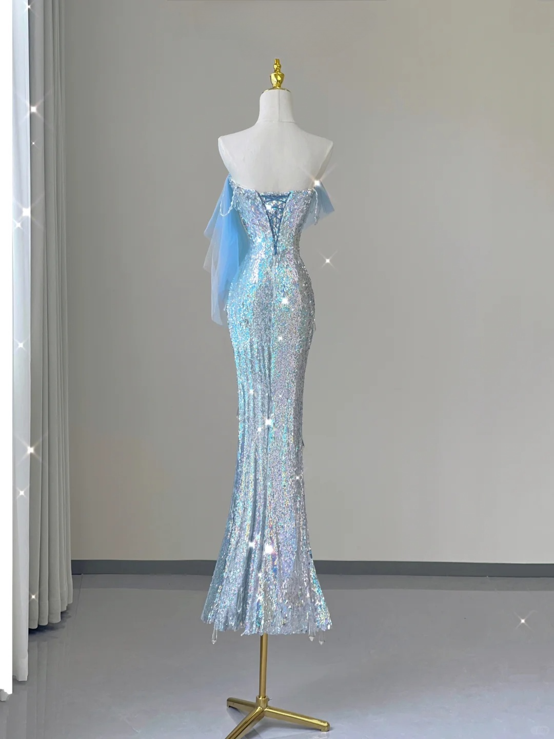 Light Blue Straps Sequins Mermaid Long Party Dress Evening Gown Birthday Dress, D474
