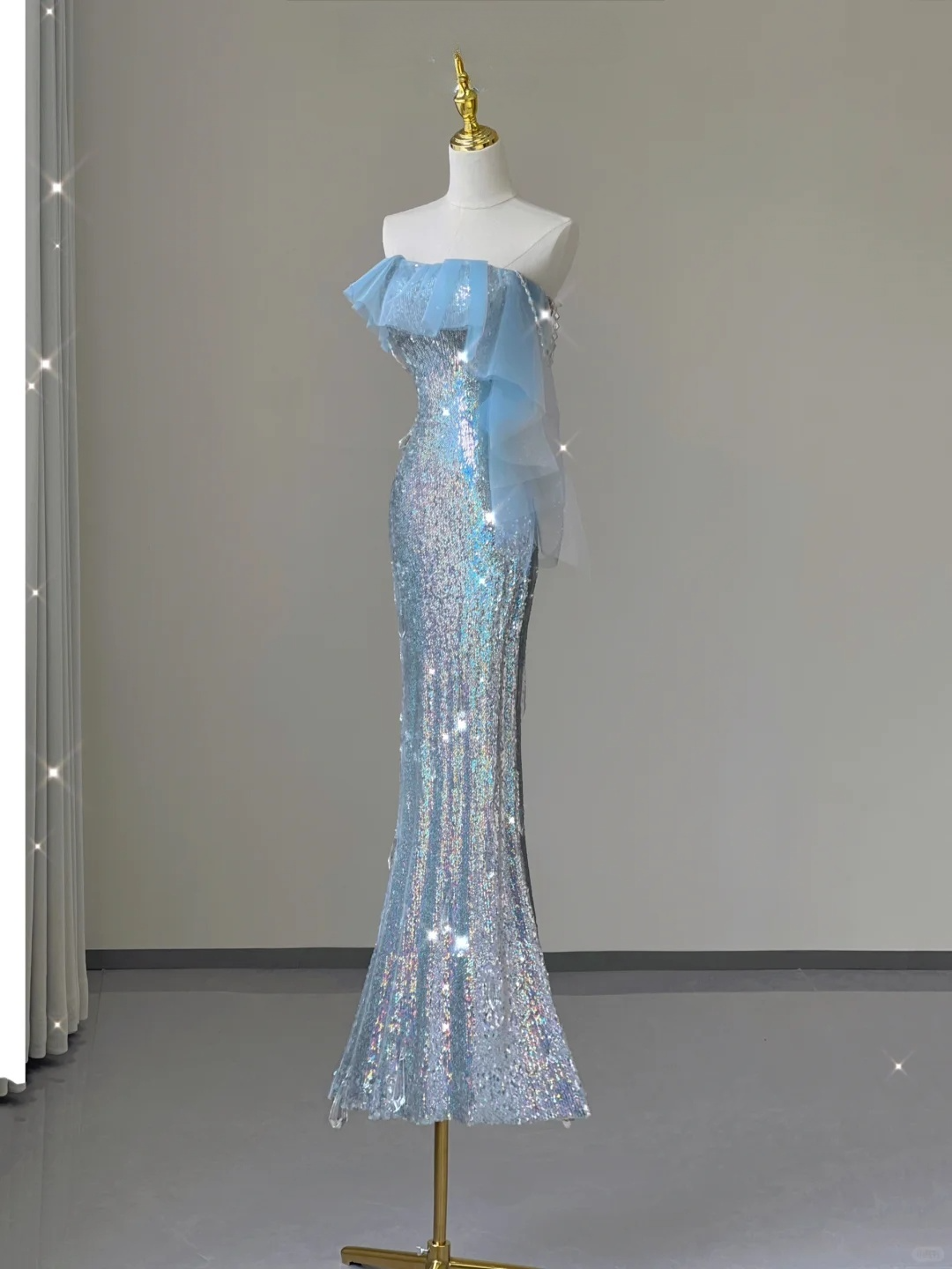 Light Blue Straps Sequins Mermaid Long Party Dress Evening Gown Birthday Dress, D474