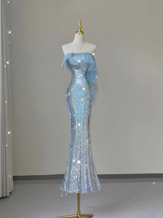 Hellblaue Träger Pailletten Meerjungfrau Langes Partykleid Abendkleid Geburtstagskleid, D474
