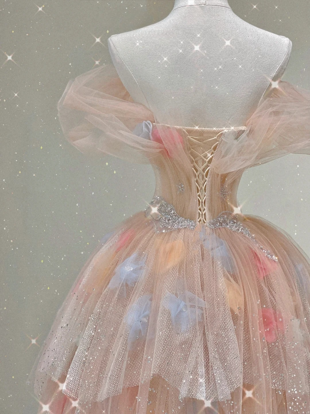 Pink Off Shoulder A-Line Tulle Tiered Long Prom Dress Evening Gown, D475