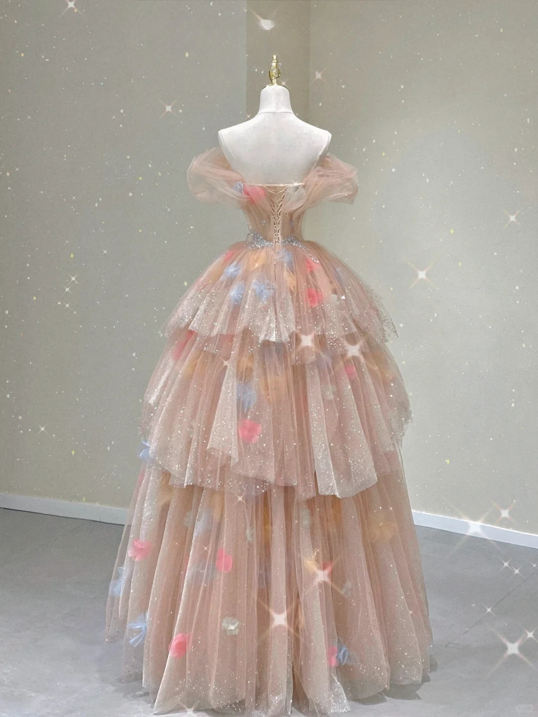 Pink Off Shoulder A-Line Tulle Tiered Long Prom Dress Evening Gown, D475