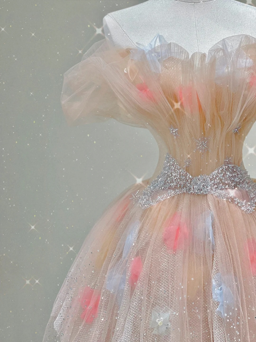 Pink Off Shoulder A-Line Tulle Tiered Long Prom Dress Evening Gown, D475