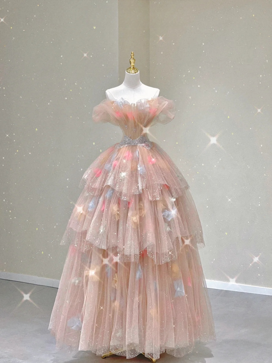 Pink Off Shoulder A-Line Tulle Tiered Long Prom Dress Evening Gown, D475