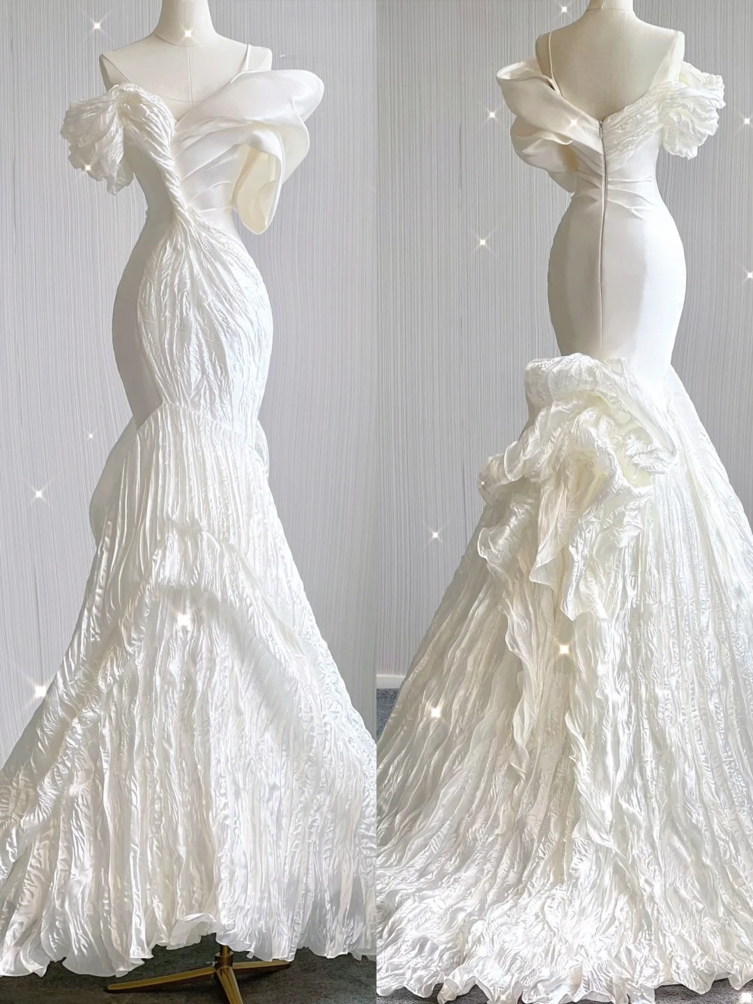 Elegantes weißes schulterfreies Meerjungfrau-Satin-Langkleid, Brautkleid, D478