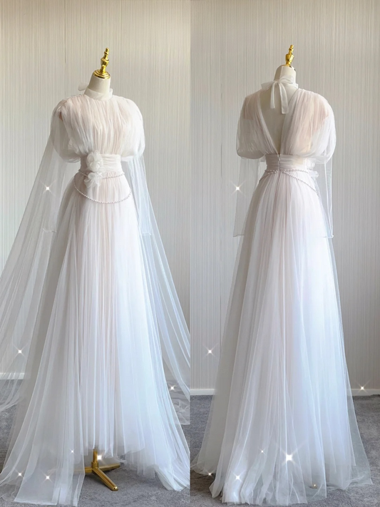 Retro Weißes ärmelloses A-Linien-Tüll-Geburtstagskleid, elegantes Hochzeitskleid, D480