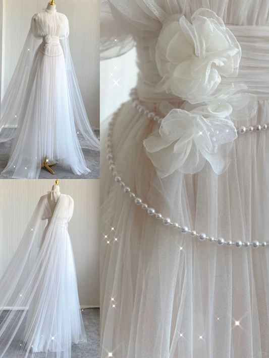 Retro Weißes ärmelloses A-Linien-Tüll-Geburtstagskleid, elegantes Hochzeitskleid, D480