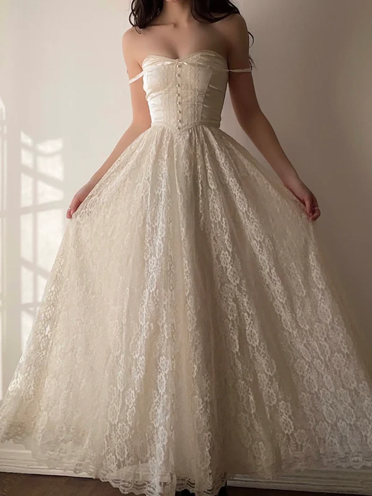 Retro Trägerloses A-Linien-Spitzen-Lang-Partykleid Geburtstagskleid Vintage-Kleid, D483