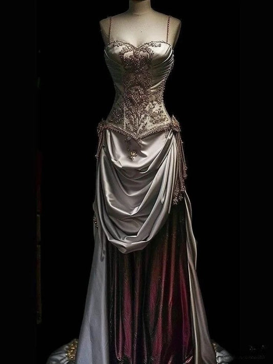 Retro Spaghetti Straps A-Line Beading Vintage Prom Dress Evening Gown, D486