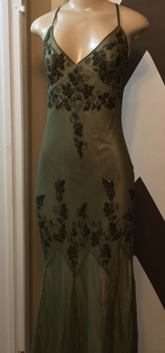 Staubiges grünes V-Ausschnitt-Träger-Etuikleid mit Perlenbesatz im Vintage-Stil, Abendkleid, D488
