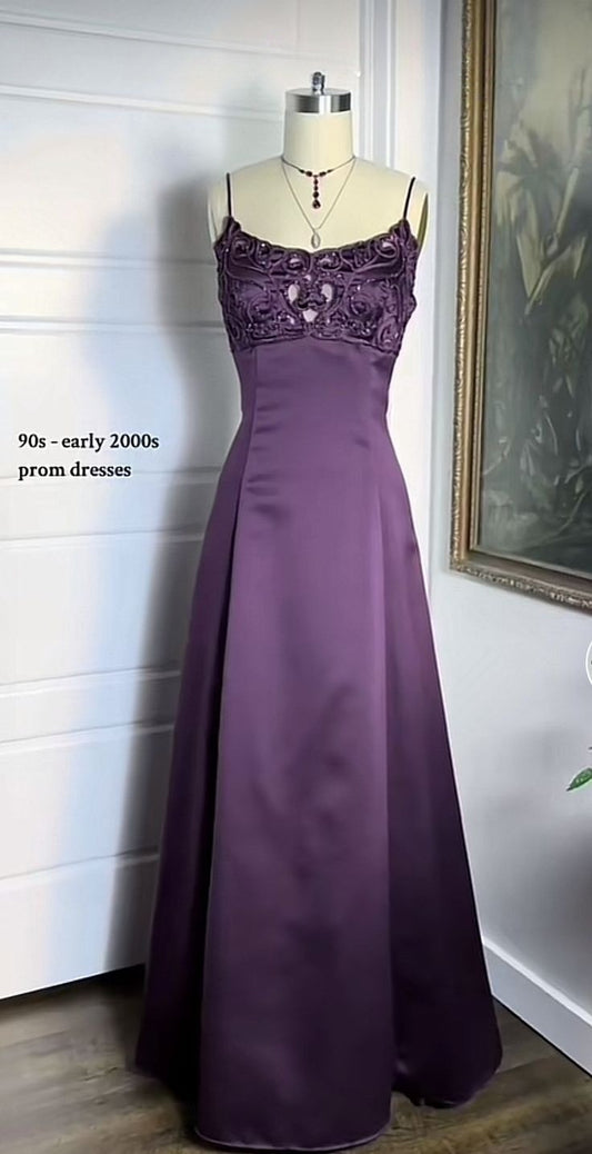 Purple Straps A-Line Beading Satin Long Party Dress Vintage Evening Dress, D490