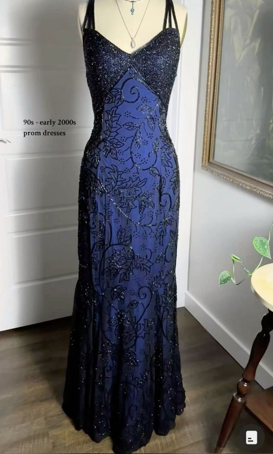 Royal Blue Straps Mermaid Beading Long Party Dress Vintage Evening Dress, D493