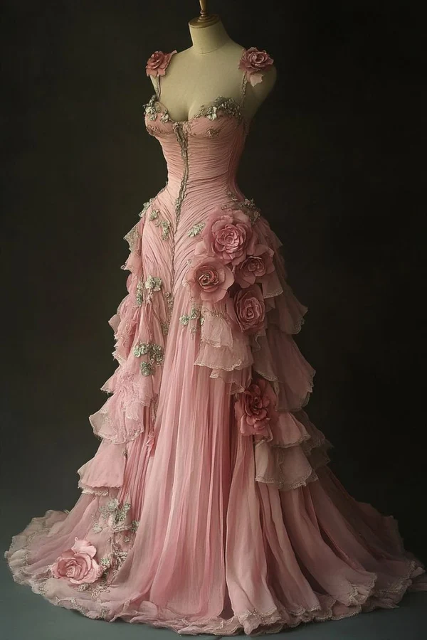 Rosa Retro Sweetheart A-Linie Blumenapplikationen Langes Ballkleid Abendkleid, D499