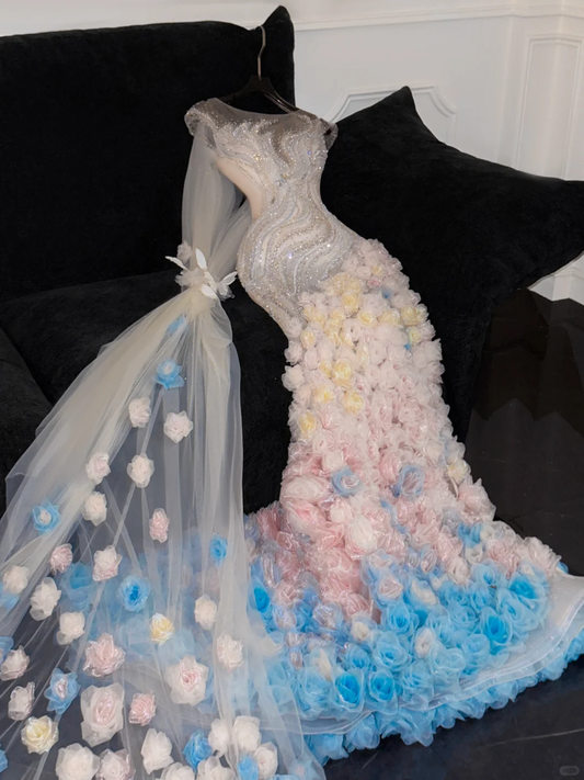 Gorgeous Sparkling Beaded Sequin Mermaid 3D Flowers Design Tulle Evening Dress Prom Dresses D1634