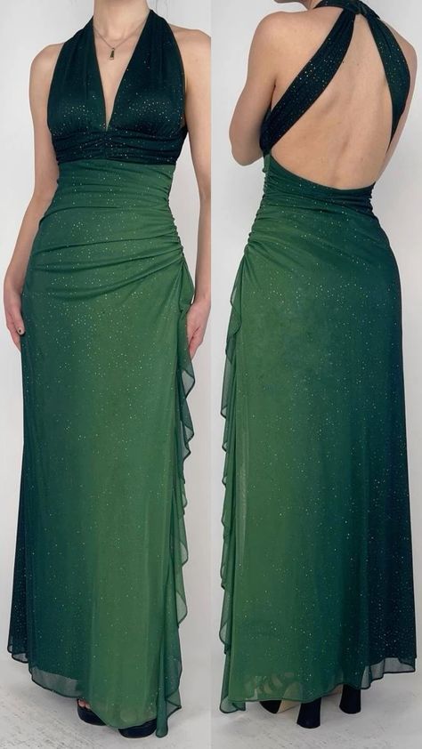Grünes Ombre V-Ausschnitt Rückenfreies Etuikleid mit Rüschen Langes Partykleid Vintage Ballkleid, D501
