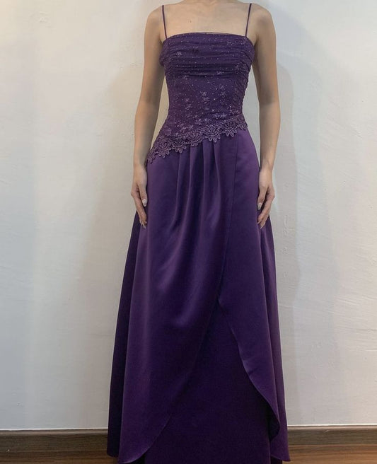 Dunkelviolettes Spaghettiträger-A-Linien-Partykleid im Vintage-Stil, langes Ballkleid, D504