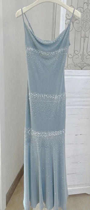 Shiny Blue Spaghetti Straps Sheath Midi Length Party Dress Cocktail Dress, D507