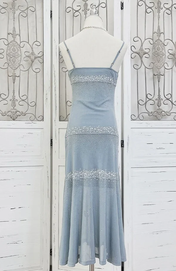 Glänzend Blau Spaghettiträger Etuikleid Midi Länge Partykleid Cocktailkleid, D507