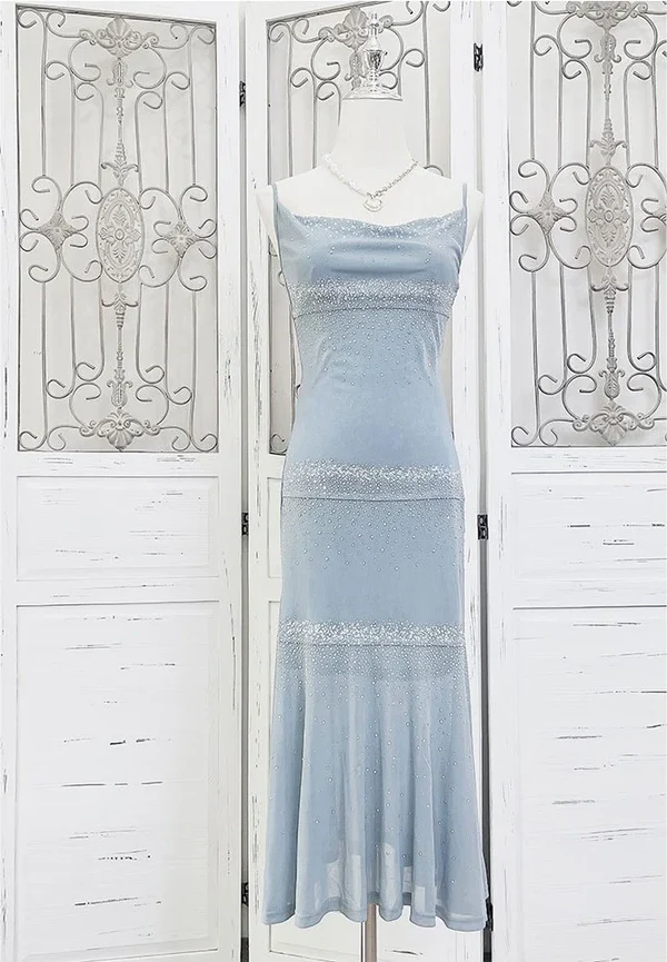 Glänzend Blau Spaghettiträger Etuikleid Midi Länge Partykleid Cocktailkleid, D507