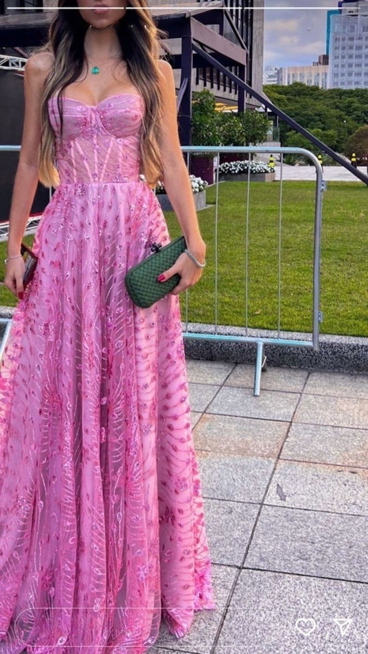 Rosa Herzausschnitt A-Linie Spitze Pailletten Langes Partykleid Formales Ballkleid, D508