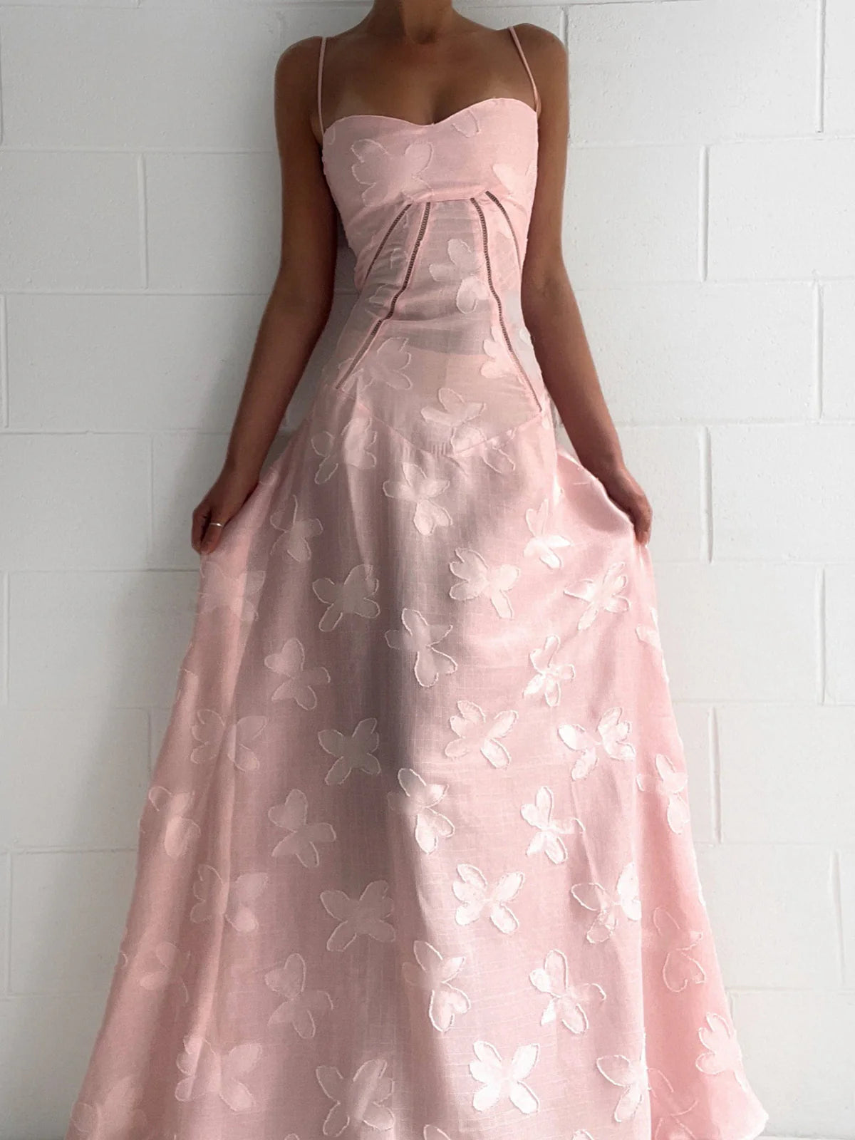 Pink Spaghetti Straps A-Line Long Party Dress Wedding Guest Dress Birthday Outfits, D525