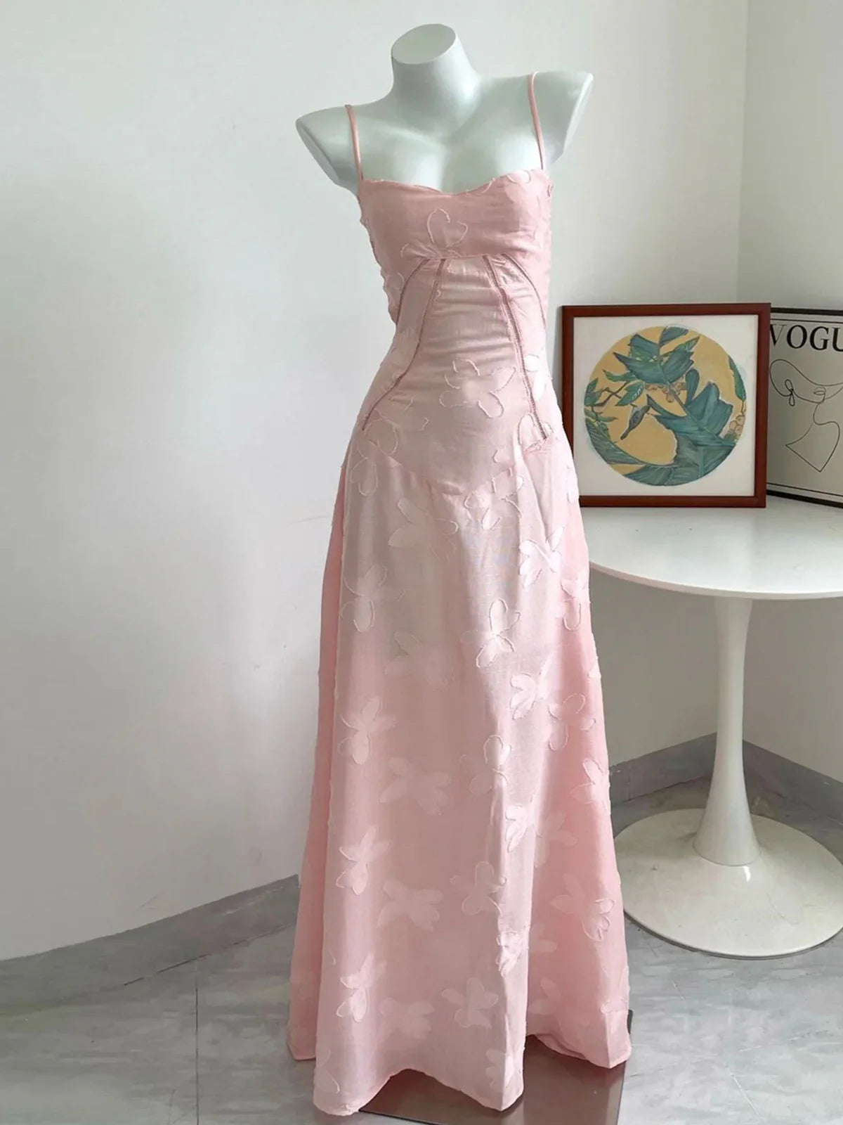 Pink Spaghetti Straps A-Line Long Party Dress Wedding Guest Dress Birthday Outfits, D525