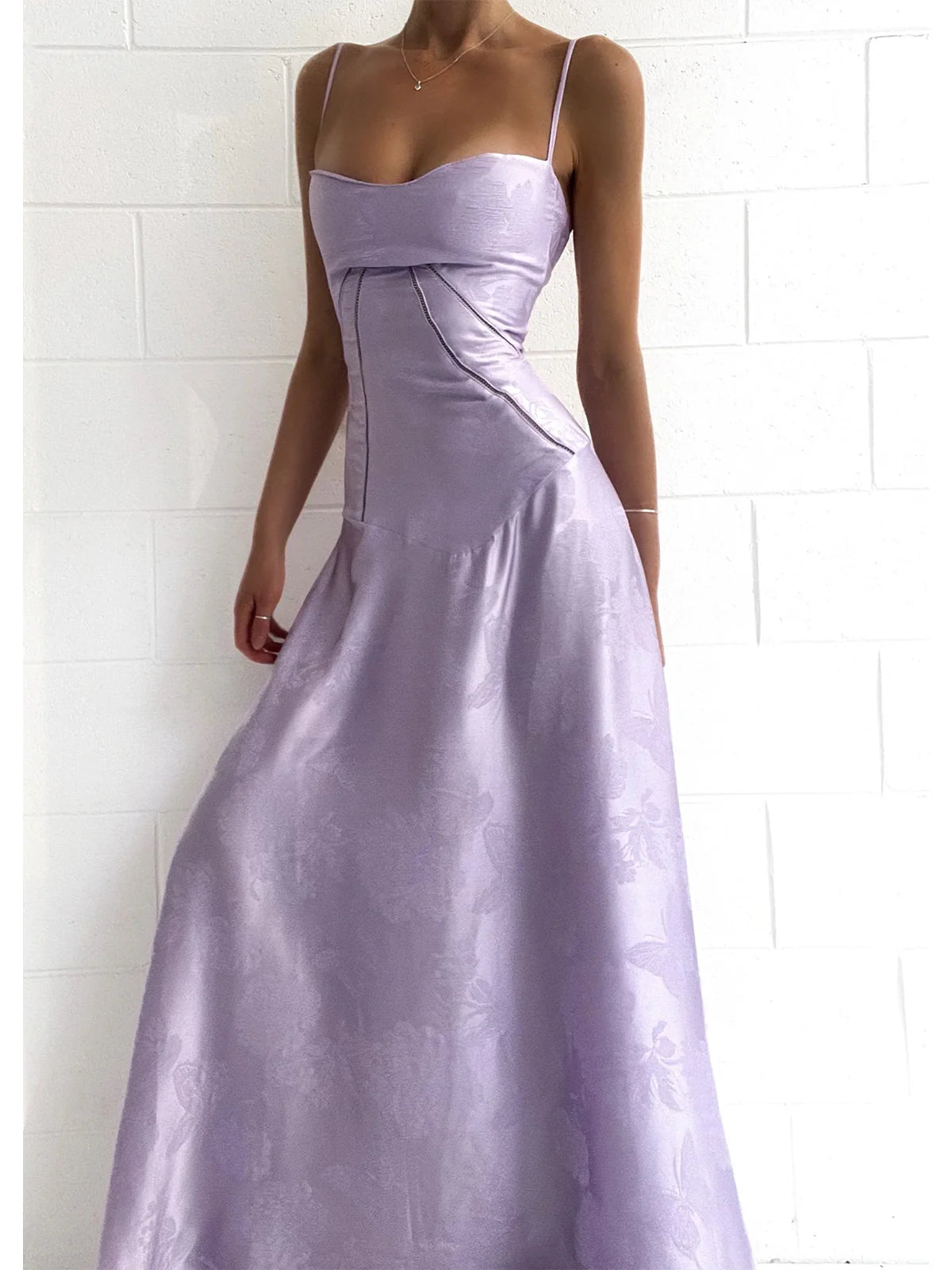 Lilac Spaghetti Straps A-Line Long Party Dress Wedding Guest Dress Birthday Outfits, D526