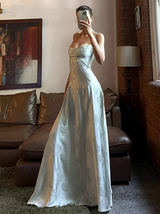 Robe de soirée longue trapèze à bretelles vertes, tenue d'invité de mariage, tenue d'anniversaire, D527