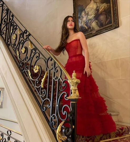 Weinrotes trägerloses A-Linien-Tüll-Ballkleid, langes Abendkleid, D542