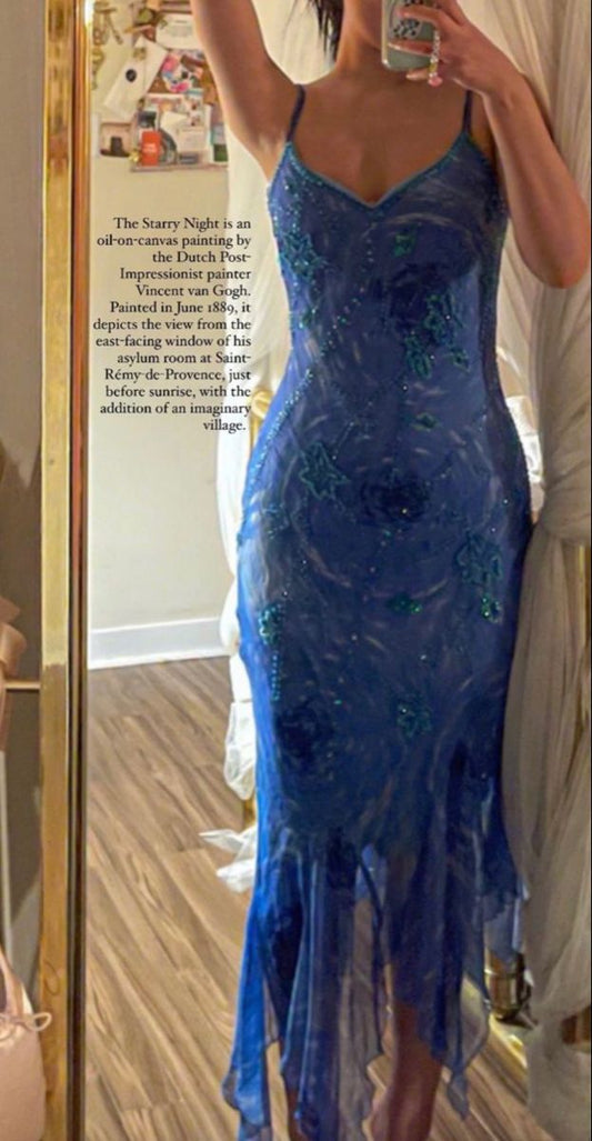 Blaues Spaghettiträger Chiffon Partykleid Vintage Abendkleid, D546