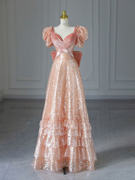 Rosa A-Linien-Geburtstagskleid mit kurzen Ärmeln und Pailletten, formelles Ballkleid, Abendkleid, D553