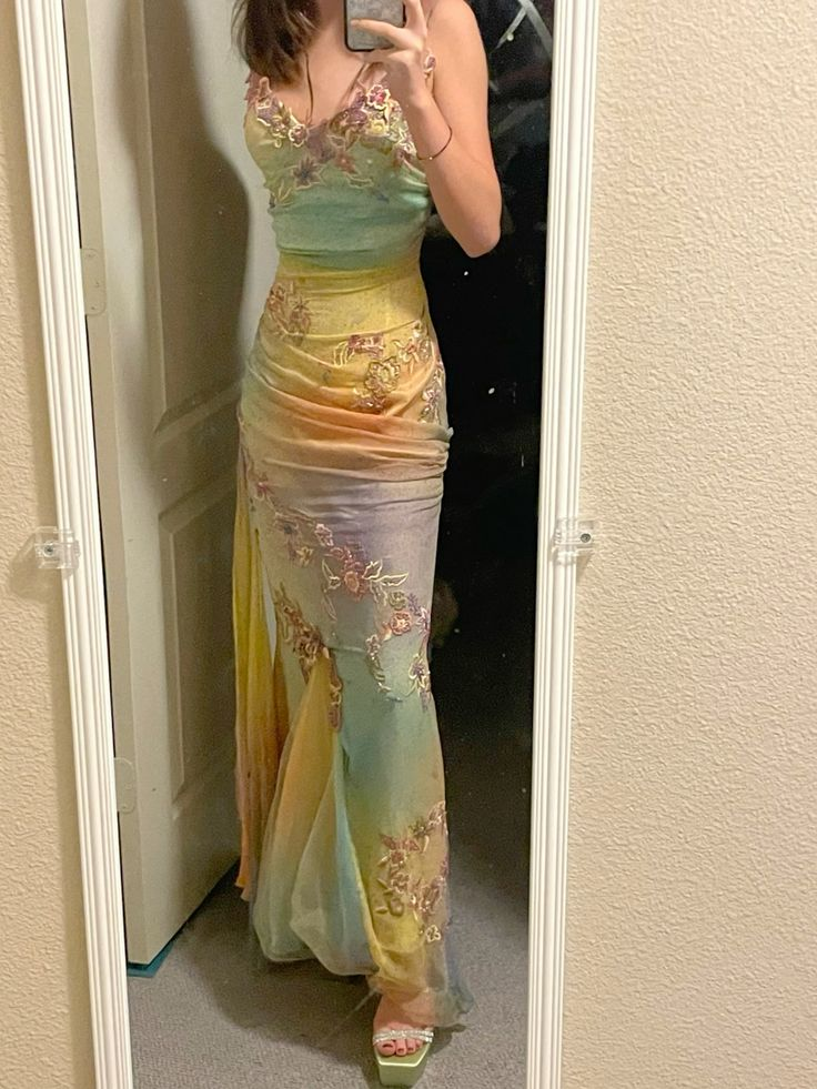 Unique Ombre Straps Appliques Mermaid Tulle Long Party Dress Evening Gown, D554