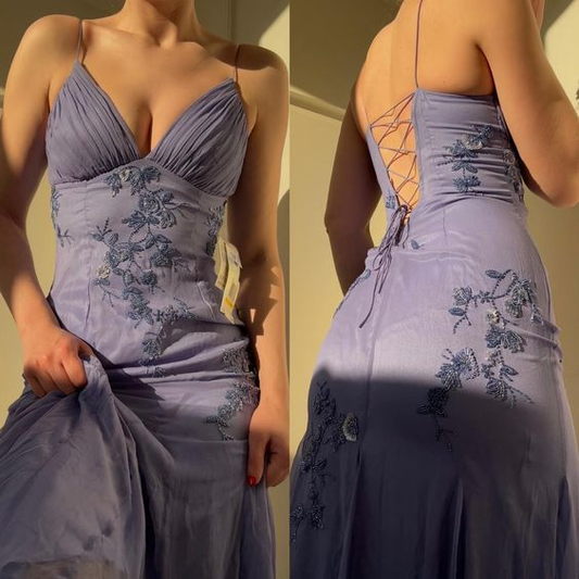 Lilac V Neck Straps Sheath Vintage Long Formal Prom Dress Evening Gown, D556