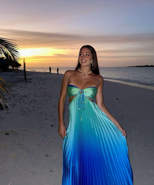 Blaues Ombre-Kleid, trägerlos, A-Linie, Satin, lang, Partykleid, modisches Sommerkleid, D558