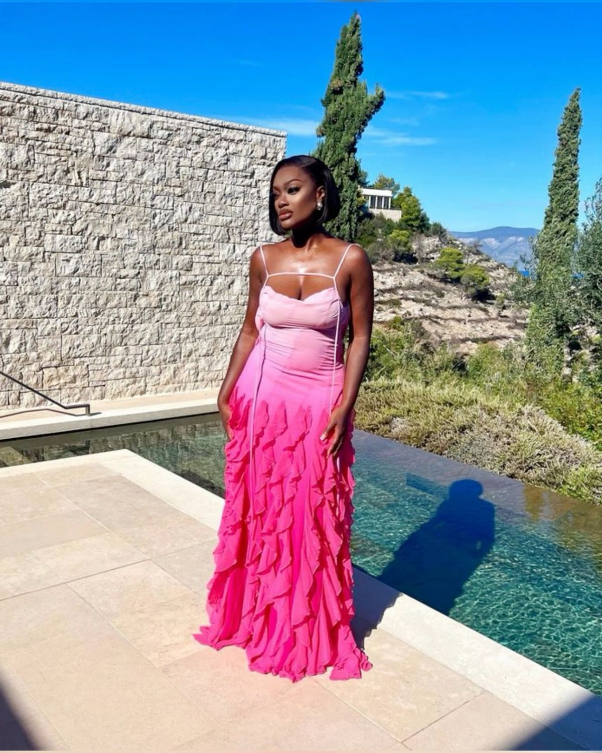 Rosa Ombre Spaghettiträger A-Linie Rüschen Langes Partykleid Abendkleid, D560