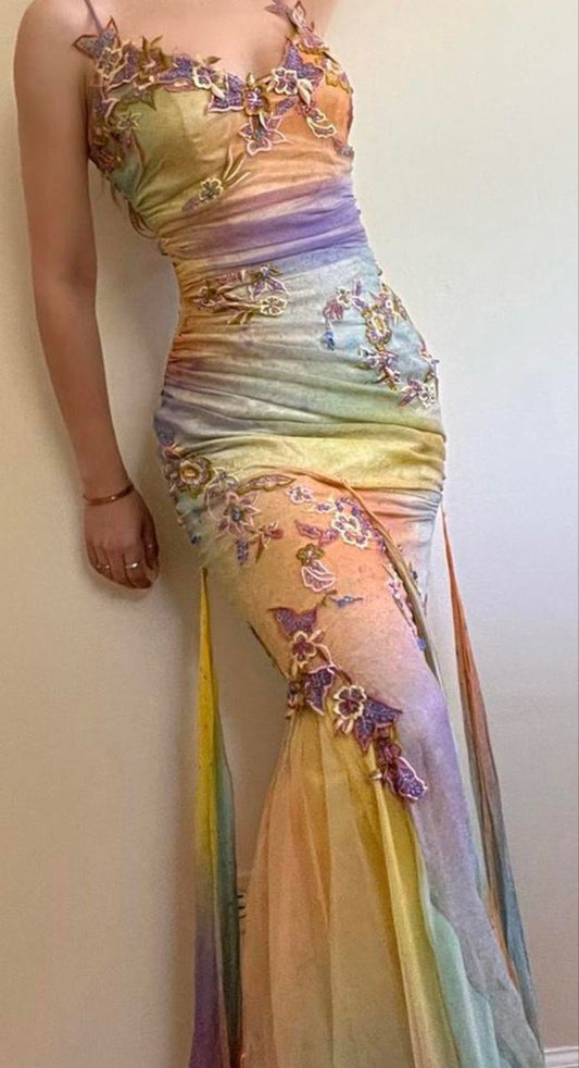 Bunte Träger Applikationen Tüll Meerjungfrau Langes Partykleid Schickes Abendkleid, D566