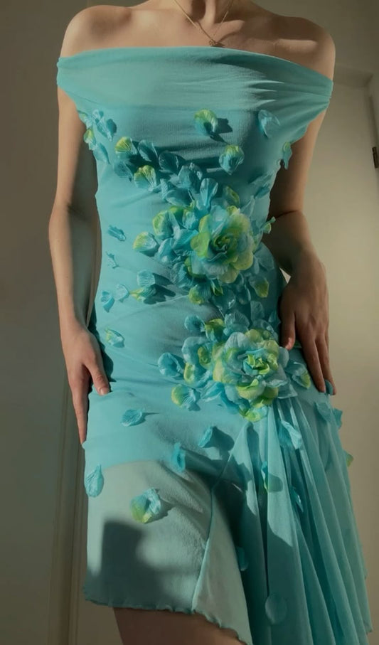 Blaues schulterfreies Etuikleid in Midilänge, Cocktailkleid, Vintage-Partykleid, D567