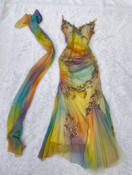 Bunte Träger Applikationen Tüll Meerjungfrau Langes Partykleid Retro Abendkleid, D571