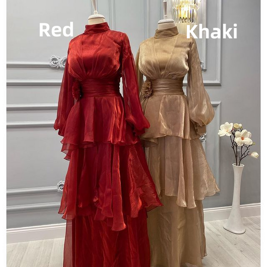 Blaues, hochgeschlossenes, langärmliges A-Linien-Chiffon-Kleid mit schlichtem, langem, formellem Partykleid, D795