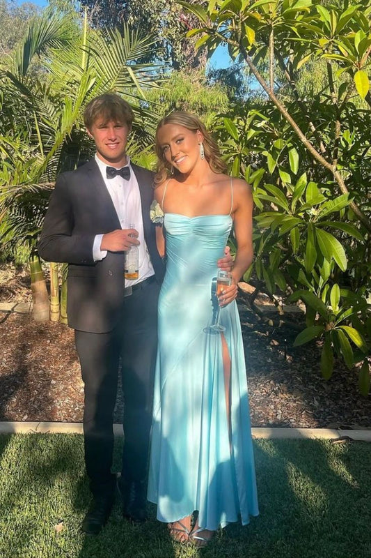 Robe de mariée trapèze en satin bleu à bretelles, robe de soirée longue et simple, D587
