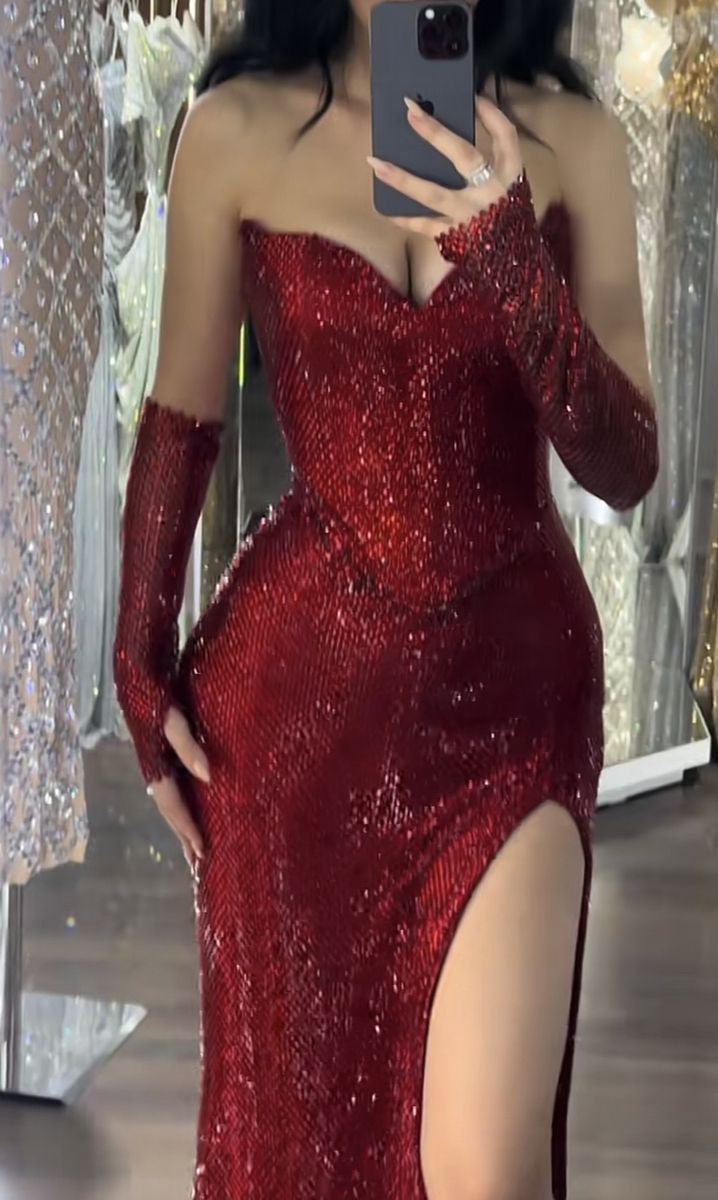 Charmantes rotes trägerloses Meerjungfrau-Split-Abendkleid mit langem, sexy Partykleid, D591