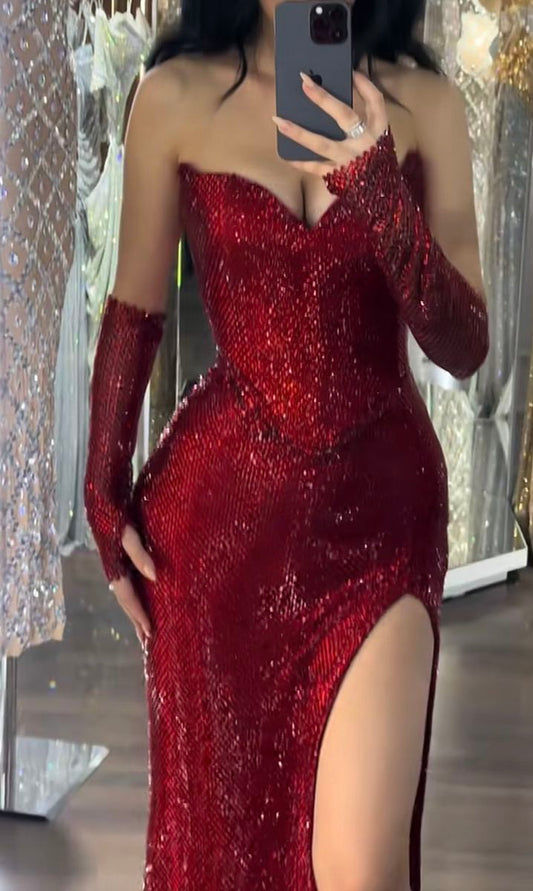 Charmantes rotes trägerloses Meerjungfrau-Split-Abendkleid mit langem, sexy Partykleid, D591