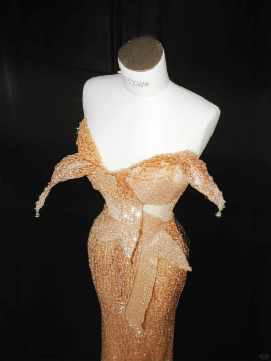 Gold Trägerloses Meerjungfrau Pailletten Perlen Langes Abendkleid Geburtstags-Outfits, D802