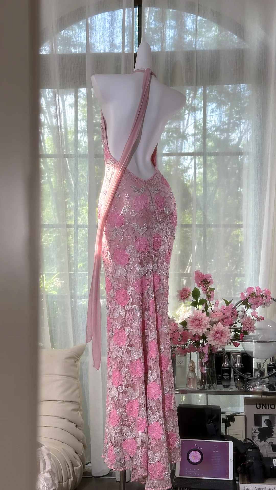 Vintage Gorgeous Pink Floral V-neck Applique Elegant Chiffon Long Evening Dress Prom Dresses D1607