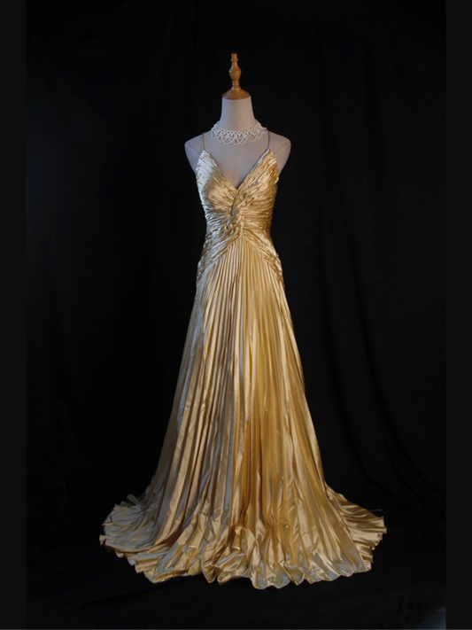Goldfarbene Träger A-Linie Satin Perlenbesatz Langes Ballkleid Vintage Abendkleid, D600