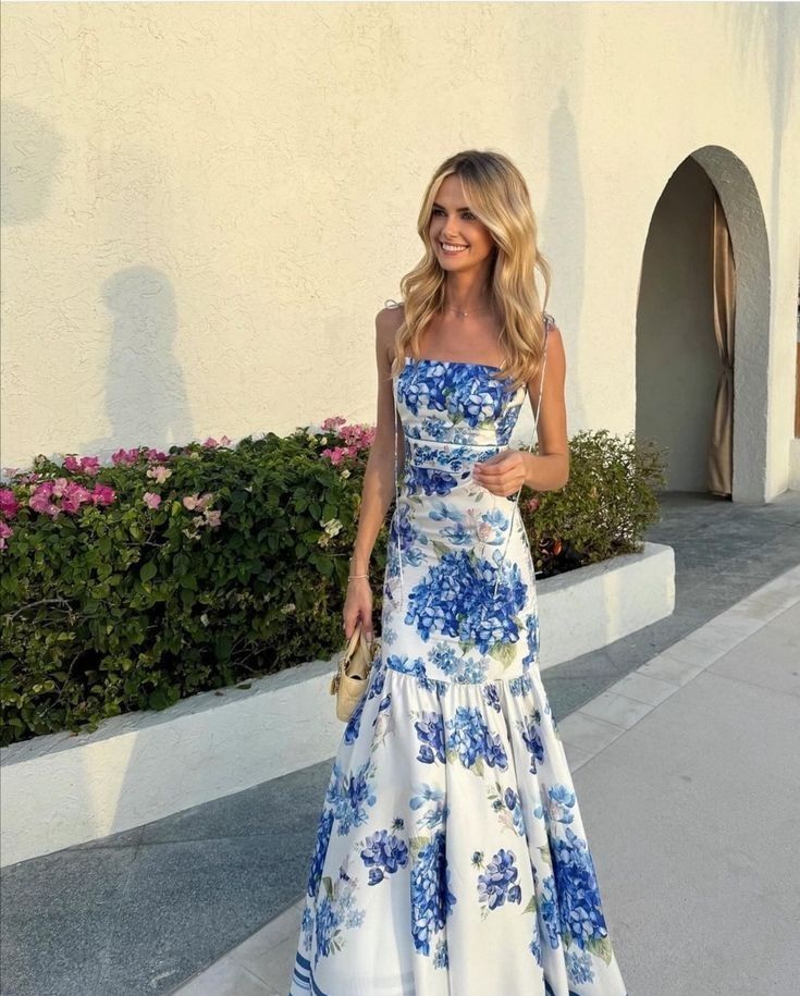 Blaue Träger Blumendruck Meerjungfrau Langes Partykleid Hübsches Ballkleid, D601