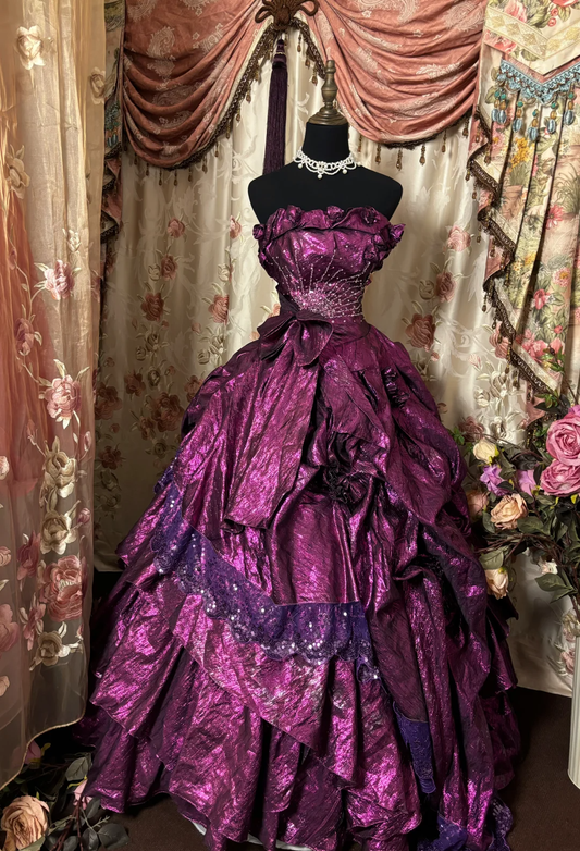 Dunkelviolettes trägerloses A-Linien-Satin-Vintage-Abendkleid, langes Ballkleid, D606