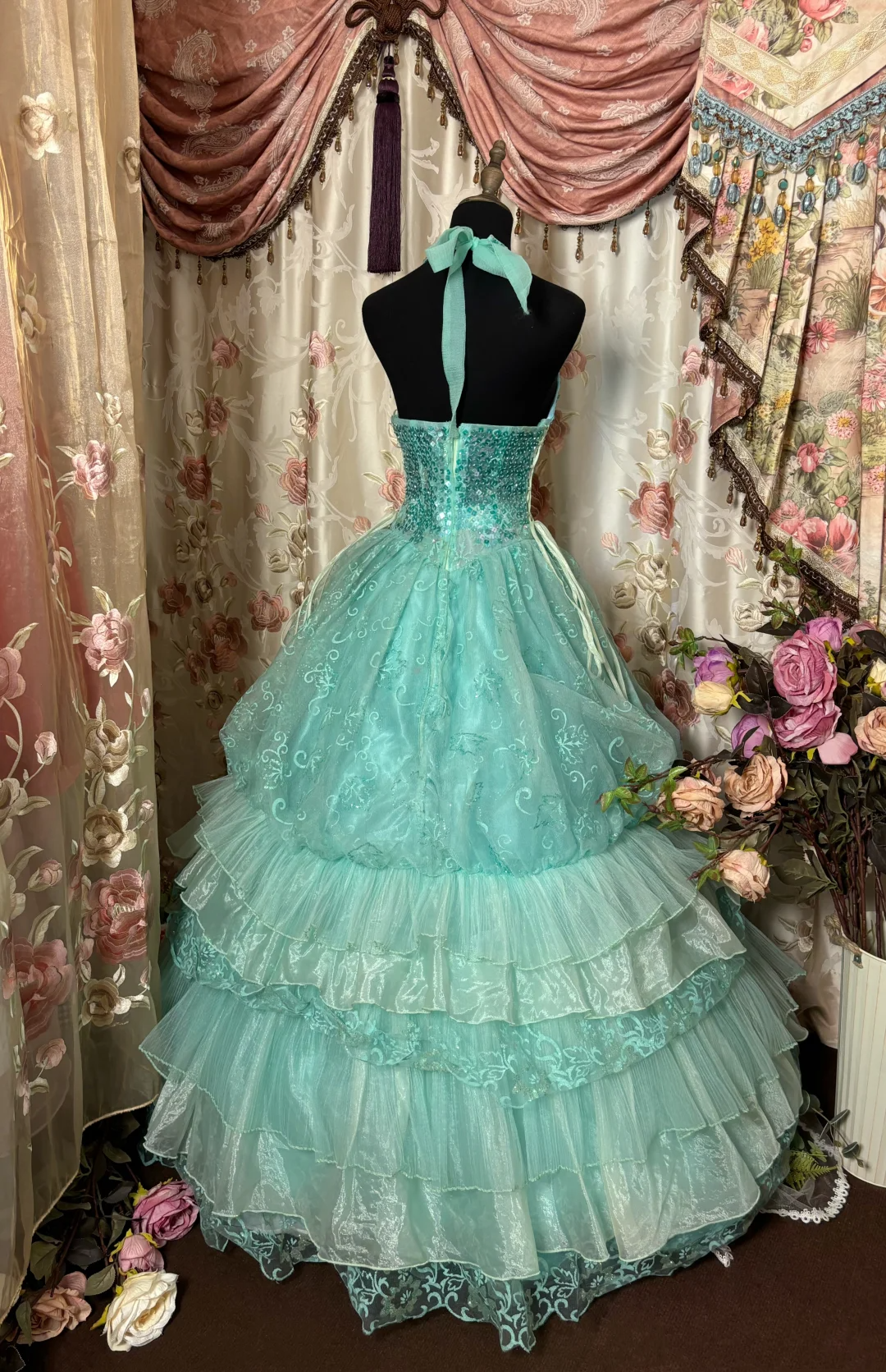 Tiffany Blue Halter A-Line Lace Sequins Vintage Long Prom Dress Evening Gown, D611
