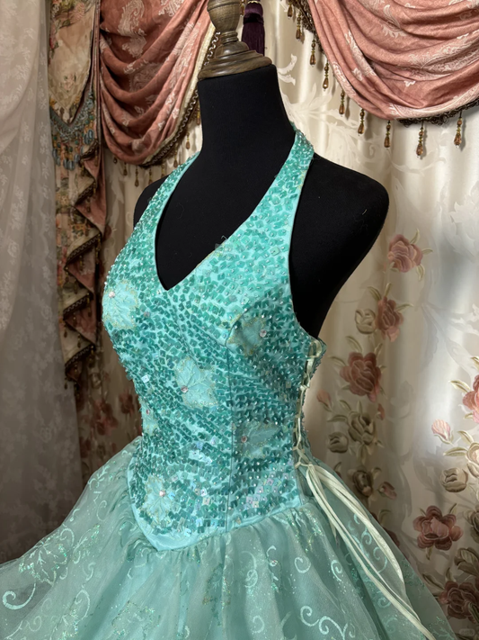 Robe de soirée longue style vintage en dentelle et paillettes, col licou, style trapèze, bleu Tiffany, D611
