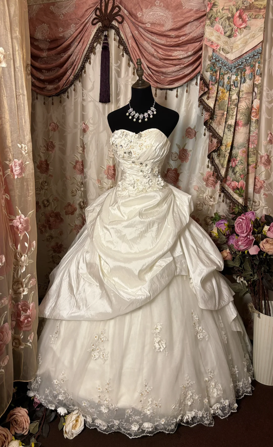 Retro Weißes Trägerloses A-Linie Satin Vintage Brautkleid Abendkleid, D612