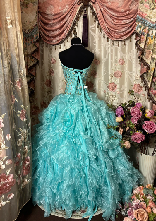 Tiffany Blue Strapless Beading Organza Vintage Long Party Dress Evening Gown, D617